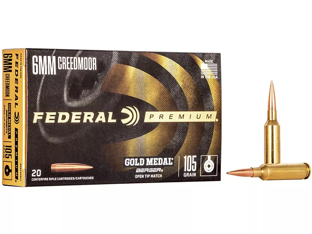 Federal Premium Gold Medal 6mm Creedmoor Ammo 105 Grain Berger Hybrid Target Jacketed Hollow Point Box of 20