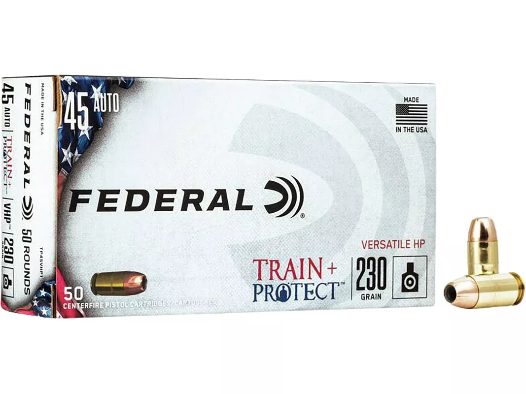 Federal Train + Protect 45 ACP Ammo 230 Grain Federal Versatile Jacketed Hollow Point Box of 50
