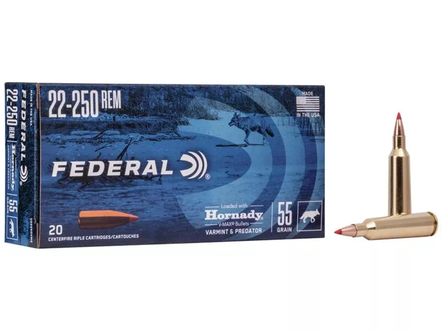 Federal Varmint & Predator 22-250 Remington Ammo 55 Grain Hornady V-Max Polymer Tip