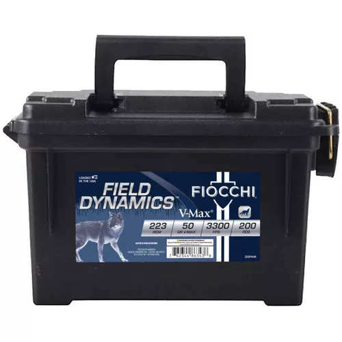 Fiocchi Field Dynamics Hyper Velocity Centerfire Ammunition, 223 Remington, Hornady V-Max, 50 Grain – 200 Cartridge Can/Tin ( 200 / 1 )