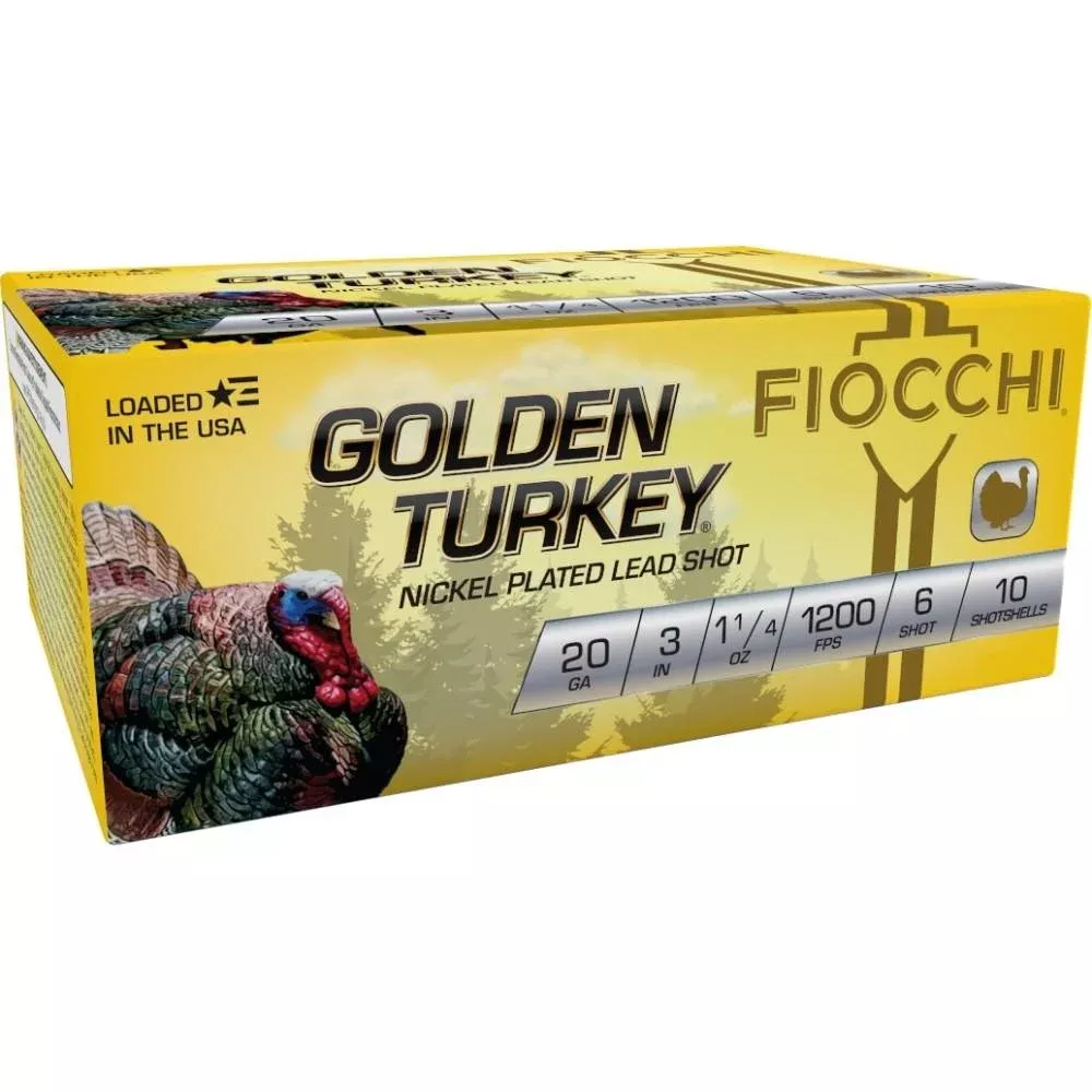 Fiocchi Golden Turkey Nickel plated Shotshells 20ga 3" 1-1/4oz 1200 fps #6 10/ct