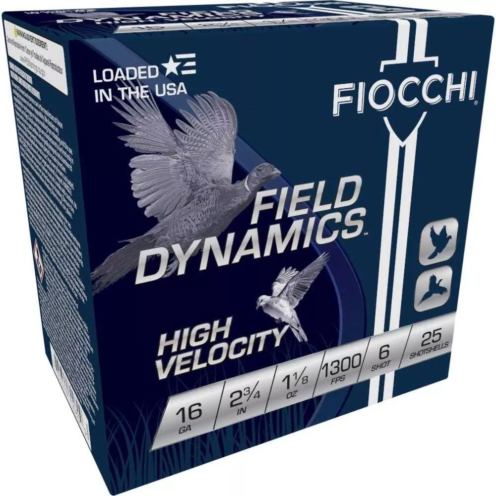 Fiocchi High-Velocity Hunting Load 16 ga 2 3/4″ 3 1/8 dr 1 1/8 oz #6 1300 fps – 25/ct