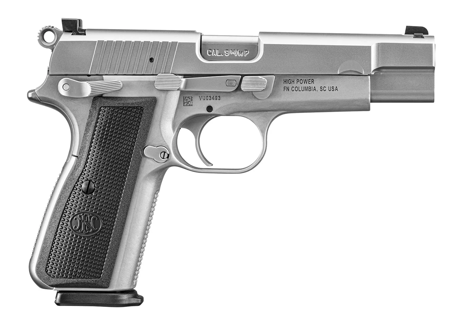 FN 66101116 High Power9mm Luger 10+1 4.70″ Black Target Crown Steel Barrel, Stainless PVD Serrated Steel Slide, Matte Stainless Steel Frame w/Beavertail, Black Textured Polymer Grip, Ambidextrous