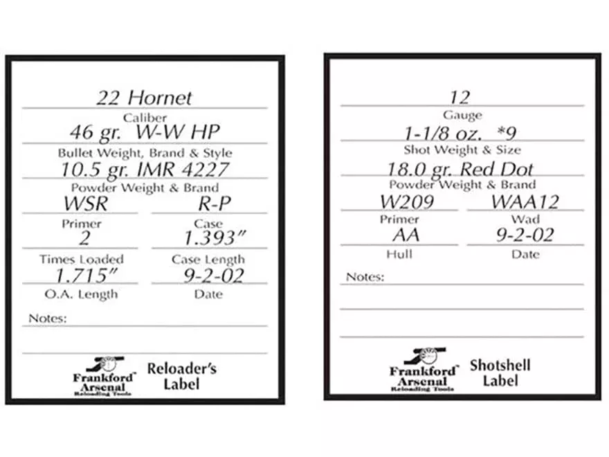 Frankford Arsenal Peel and Stick Reloader’s Labels Rifle/Handgun 100PK