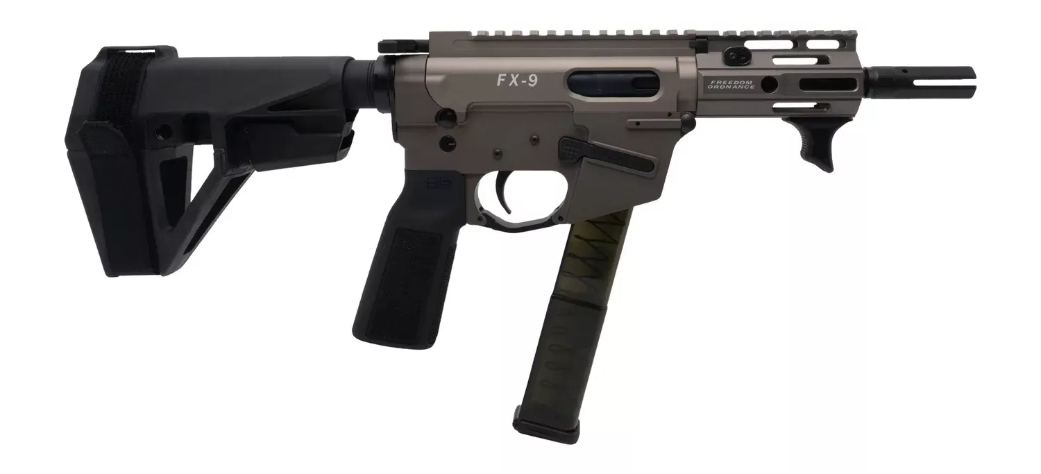 Freedom Ordance FX9P4E-FDE FX9P Elite 9mm Luger 4" Black Nitride Threaded Barrel, Flat Dark Earth Anodized Aluminum Receiver w/Picatinny Rail, M-LOK Handguard, Black Polymer SB Tactical SBA5 Brace, Bl