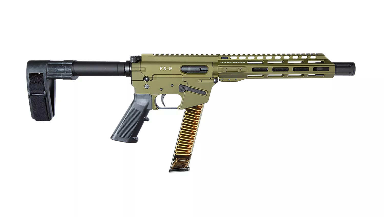 FREEDOM ORDNANCE FX9P10SBM-ODG FX99mm Luger 32+1 10" Black Nitride Barrel, M-LOK Handguard, OD Green Aluminum Receiver w/Picatinny Rail, OD Green Polymer SB Mini Brace, Black AR15 Grip