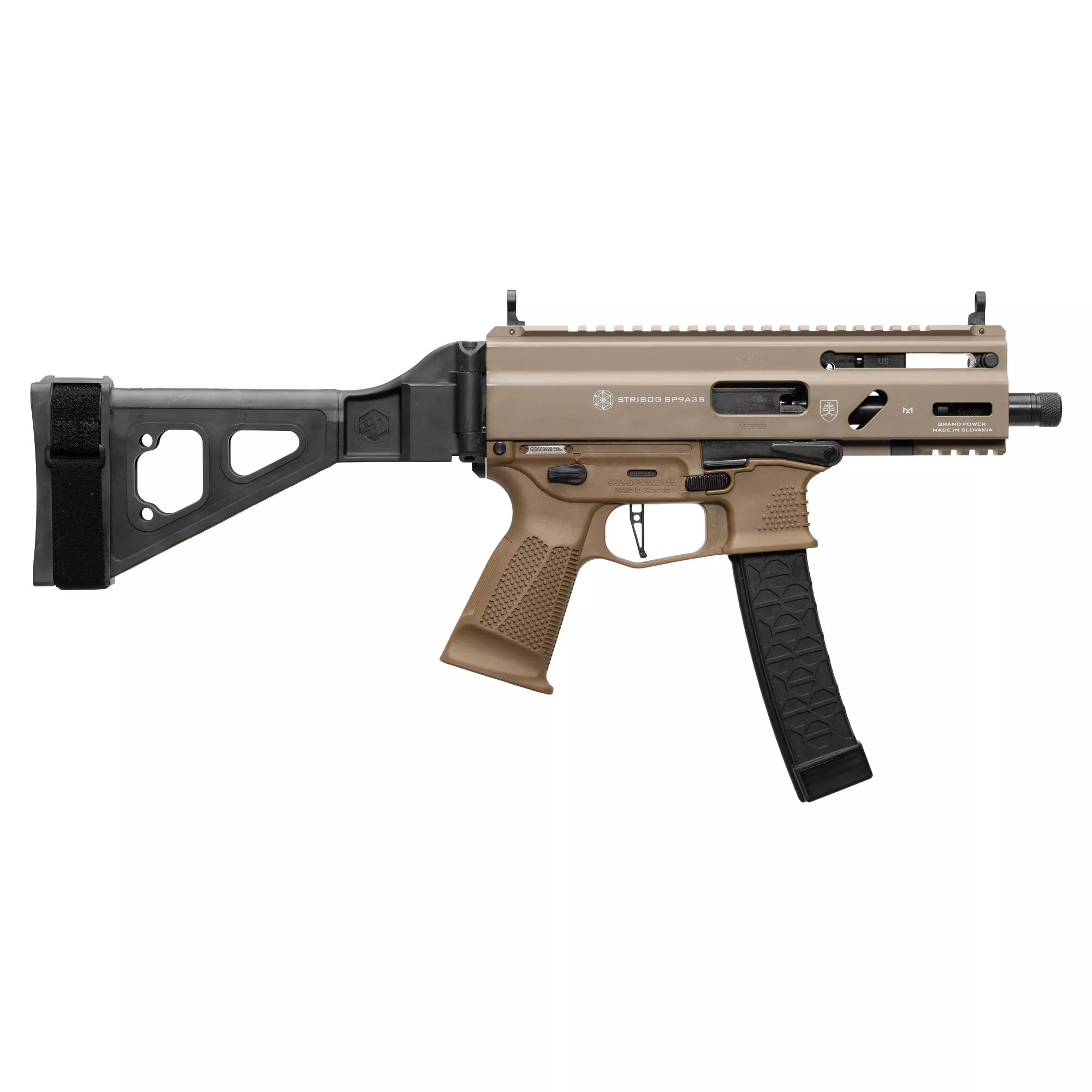 GRAND POWER STRIBOG SP9A3S 9MM PISTOL 4″ BARREL THREADED RLR DELAYED STRIBOG MAG W/ BRACE FDE