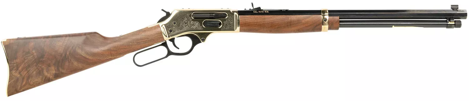 Henry H009BGWL Wildlife30-30 Win 5+1 20″ Blued Octagon, Polished Brass Engraved Rec, American Walnut Furniture, Adj. Brass Buckhorn Sight
