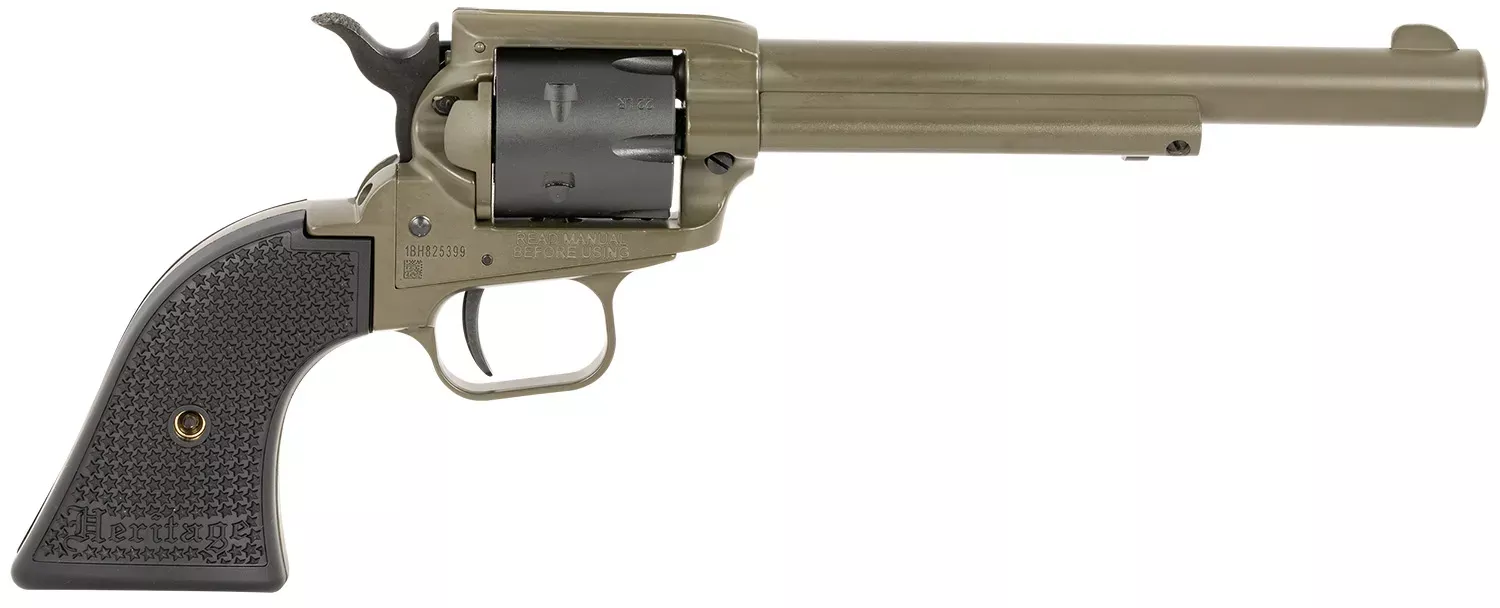 Heritage Mfg RR22T6 Rough Rider 22 LR 6 Shot 5.50″ OD Green Cerakote Barrel, OD Green Cerakote W/Black Accents Frame, Black Cerakote Cylinder, Black Star Polymer Grips