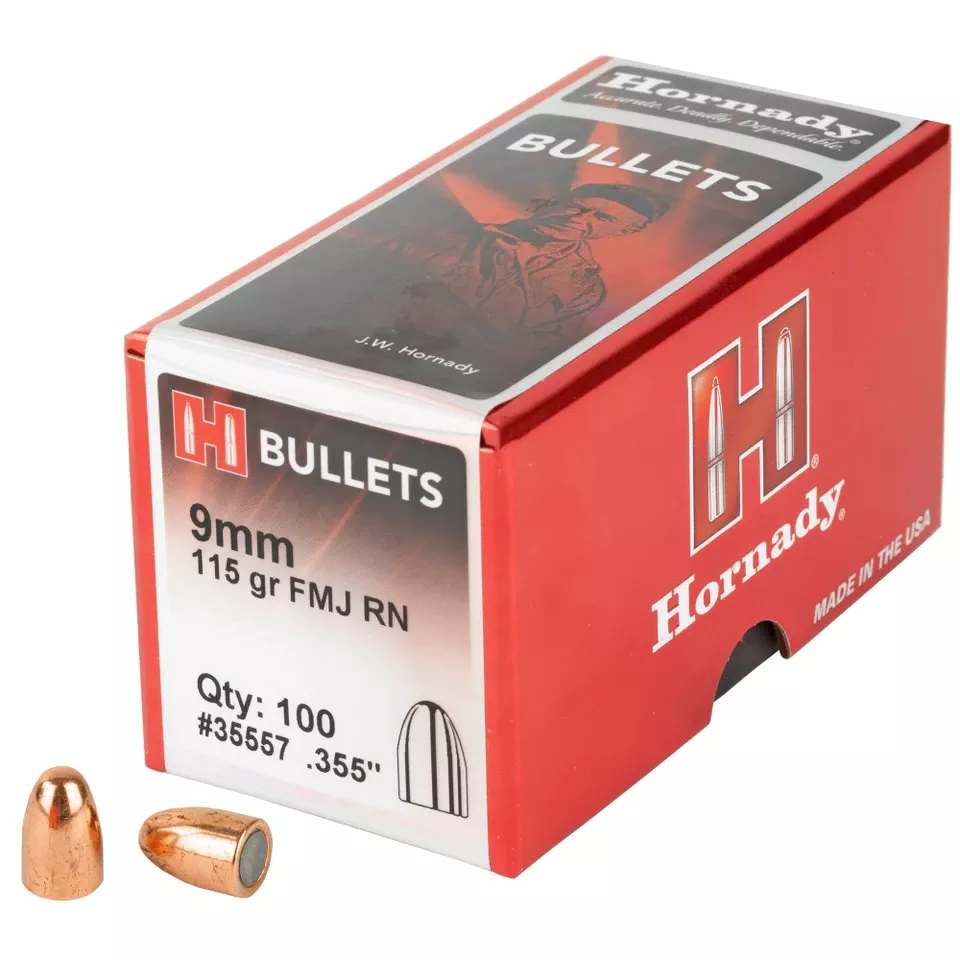 Hornady FMJ-RN 9mm .355 115 Grain Bullets - 100 Count