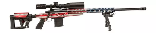 Howa HCRA25CRUSAMDT 1500 w/Optic 25 Creedmoor 10+1 24" Threaded Barrel, American Flag Cerakote Steel Drilled & Tapped Receiver, Buffalo River Bipod, Luth-AR MBA-4 Black Polymer Stock, MDT Grip, Nikko