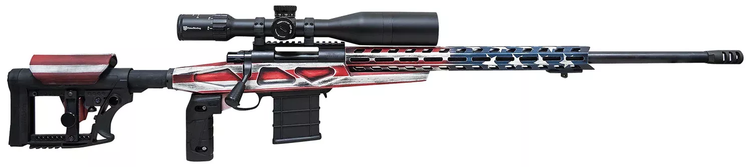 Howa HCRA72507USKMDT M1500 APC Chassis 6.5 Creedmoor 24" Blued Heavy Barrel 10+1 3 Mags, American Flag Cerakote 6 Position Luth-AR MBA-4 w/Aluminum Chassis Stock, Includes Bipod and Grips