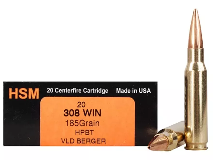 HSM Trophy Gold 308 Winchester Ammo 185 Grain Berger Hunting VLD (Very Low Drag) Jacketed Hollow Point Box of 20