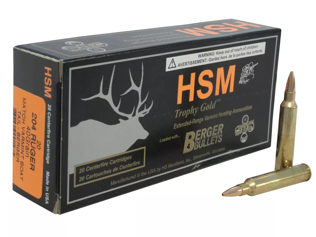 HSM Varmint Gold 204 Ruger Ammo 40 Grain Berger Varmint Jacketed Hollow Point Box of 20