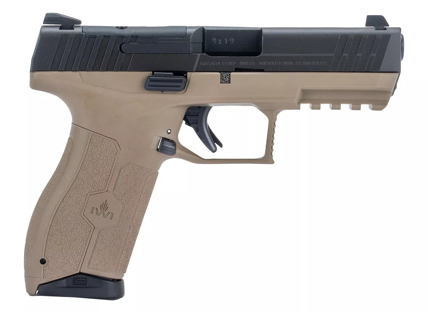 IWI US M9ORP10FD MASADA9mm Luger 10+1 4.10″ Black Button Rifled Steel Barrel/Black Optic Ready/Serrated Slide/Flat Dark Earth Polymer Frame w/Picatinny Rail/FDE Polymer Grips Ambidextrous