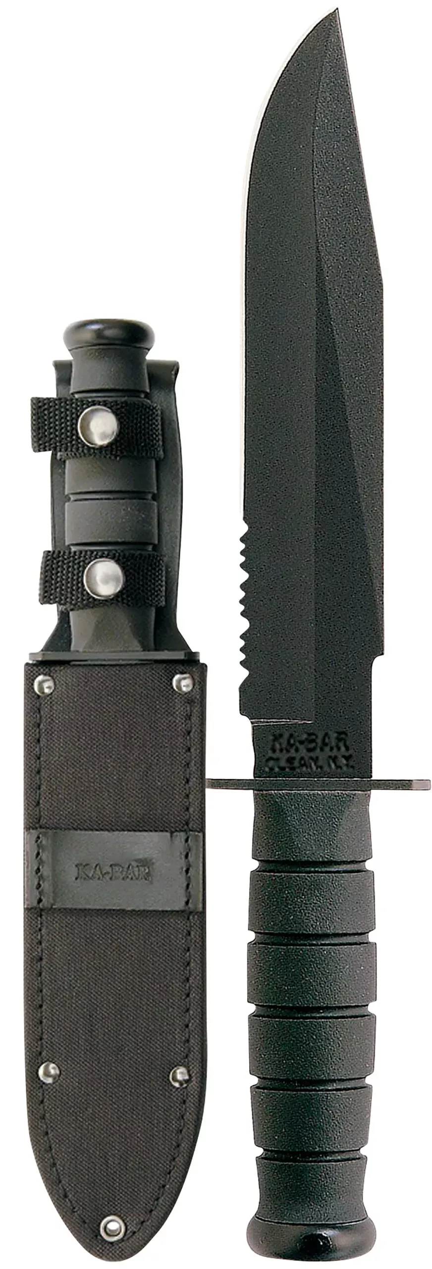 Ka-Bar 1271 Fighter 8″ Fixed Clip Point Part Serrated Black 1095 Cro-Van Blade, Black Kraton G Handle, Includes Sheath