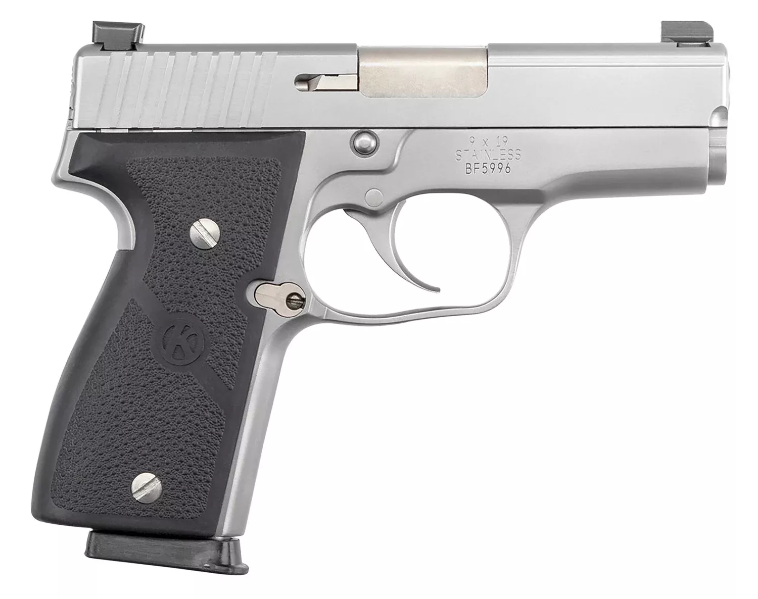 Kahr Arms K9093NA K9mm Luger Caliber with 3.50″ Barrel, 7+1 Capacity, Overall Matte Stainless Steel Finish, Serrated Slide, Textured Wraparound Black Polymer Grip & TruGlo Night Sights