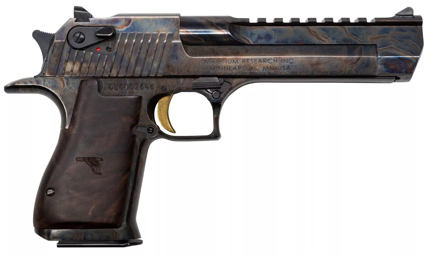 Magnum Research DE44CH Desert Eagle Mark XIX 44 Rem Mag 6″ 8+1 Color Case Hardened Carbon Steel with Clear Cerakote Frame & Slide Walnut with Engraved Desert Eagle Logo Grip