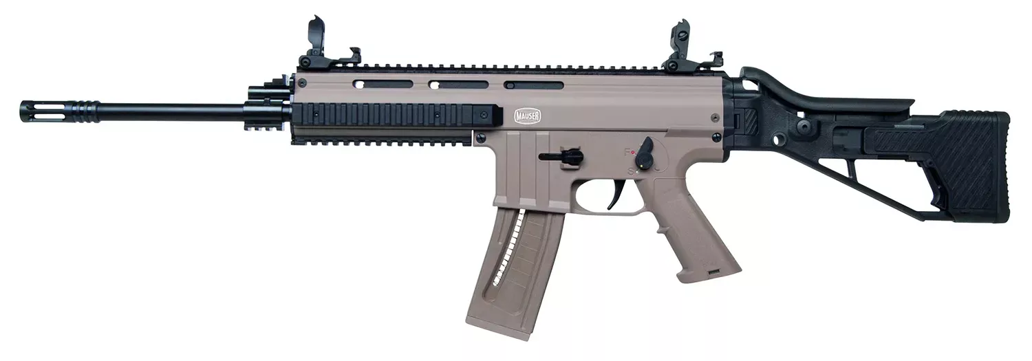 Mauser Rimfire 4150014 M-15 22 LR 22+1 16.50″ Barrel W/Flash Hider, Steel Receiver W/Tan Finish, Flip Up Front & Rear Sights, Side Folding Stock W/Adjustable Cheekrest, Manual Thumb Safety