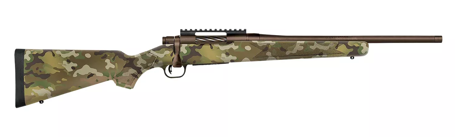 Mossberg 28275 PatriotCompact 22-250 Rem 5+1 18″ Patriot Brown Cerakote Threaded Bull Barrel, Patriot Brown Cerakote Steel Receiver w/Picatinny Rail, MultiCam Fixed Synthetic Stock