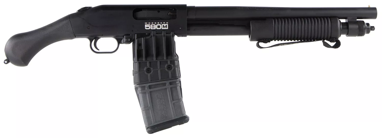 Mossberg 50208 590M Shockwave 12 Gauge Pump 2.75" 10+1 15" Matte Blued Heavy-Walled Barrel, Blued Stainless Steel Drilled & Tapped Receiver, Black Raptor Birdshead Grip