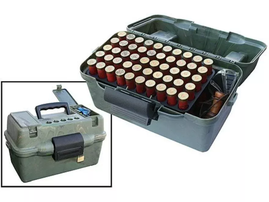 MTM Deluxe Dual Gauge Flip Top Shotshell Box with Handle 12 or 20 Gauge 2-3/4″, 3″ 100-Round Camo