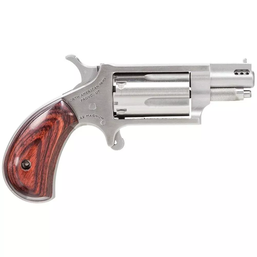NAA 22MS Ported Handgun .22 Mag 5rd Capacity 1.125″ Barrel Silver with Wood Grips