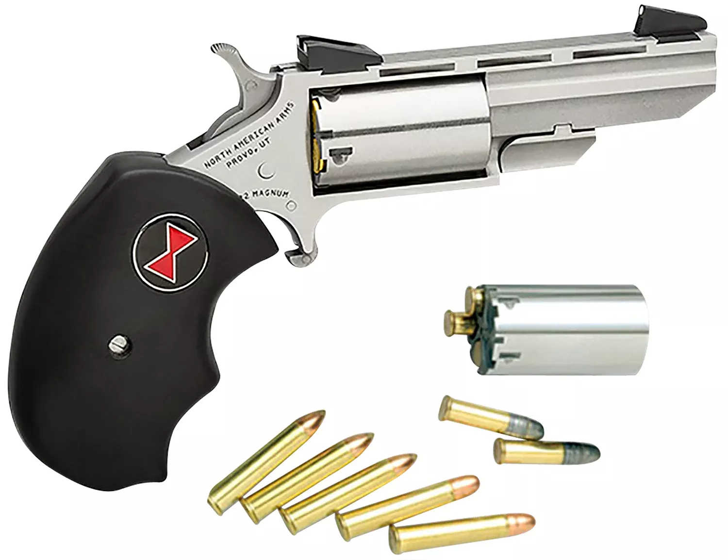 North American Arms BWC Black Widow22 LR/22 WMR 5 Shot 2" Stainless Steel Vent Rib Barrel, Stainless Steel Frame, Stainless Cylinder, Black Finger Grooved Rubber Grip, Exposed Hammer