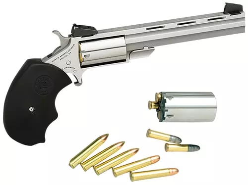 North American Arms MMTC Mini-Master *CA Compliant 22 LR/22 WMR 5 Shot 4" Stainless Steel Vent Rib Barrel, Stainless Steel Frame, Stainless Cylinder, Black Finger Grooved Rubber Grip, Exposed Hammer