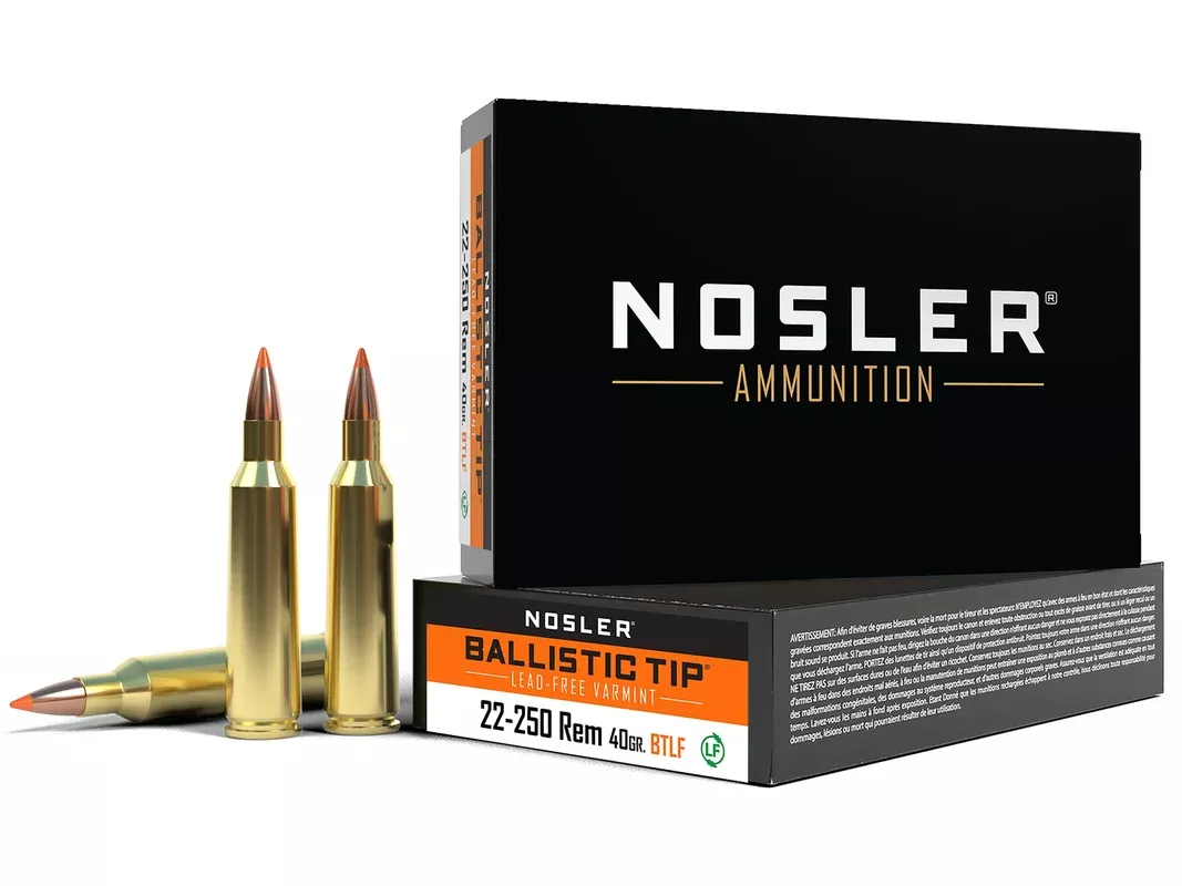 Nosler BT Varmint 22-250 Remington Ammo 40 Grain Nosler Ballistic Tip Polymer Tip Lead Free Box of 20