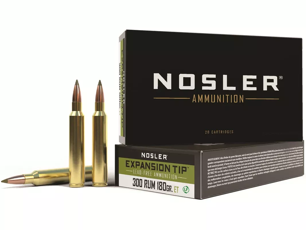 Nosler E-Tip 300 Remington Ultra Magnum Ammo 180 Grain Nosler Expansion Tip (E-Tip) Polymer Tip Lead Free Box of 20
