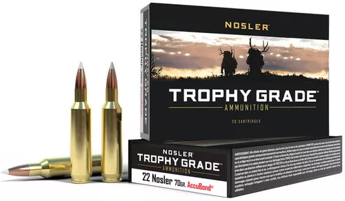 Nosler Trophy Grade Hyper Velocity Centerfire Ammunition, 22 Nosler, Nosler AccuBond, 70 Grain – 20 Cartridge Box ( 20 / 1 )