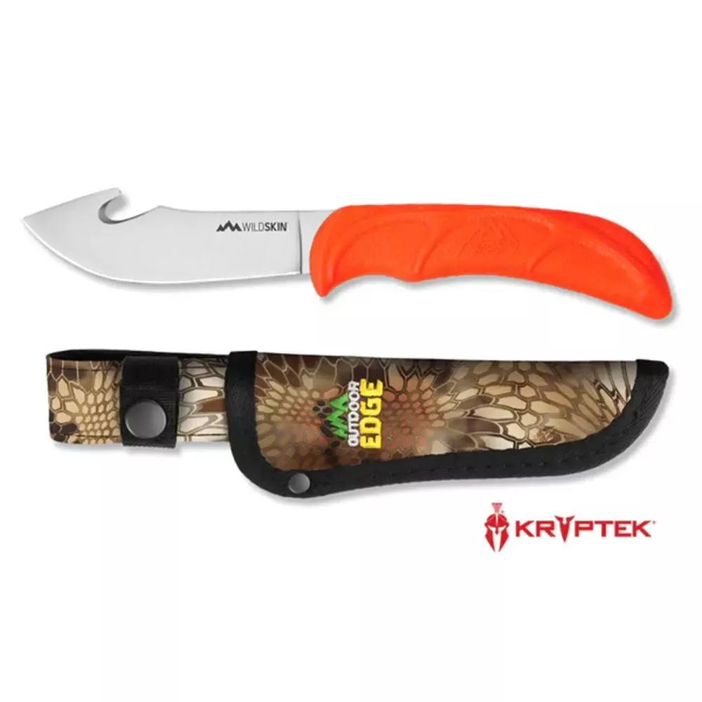 Outdoor Edge Wildskin Fixed Knife 4″ Guthook Blade Orange