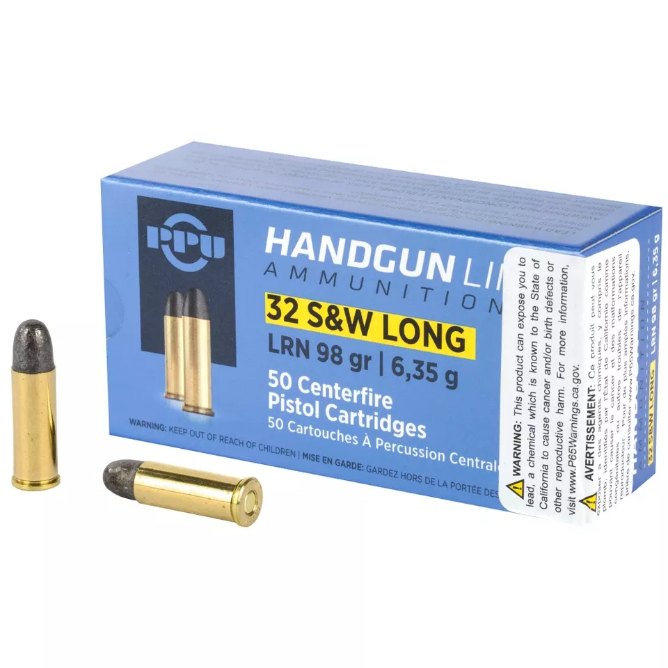 PPU 32 S&W Long Lead Round Nose 98 Grain Ammunition - 50 Rounds per Box, 500 Rounds per Case