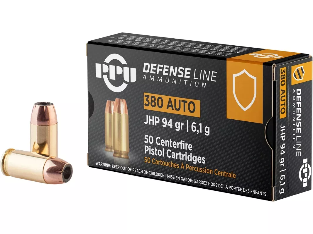 PPU Defense 380 ACP Ammo 94 Grain Jacketed Hollow Point Box of 50