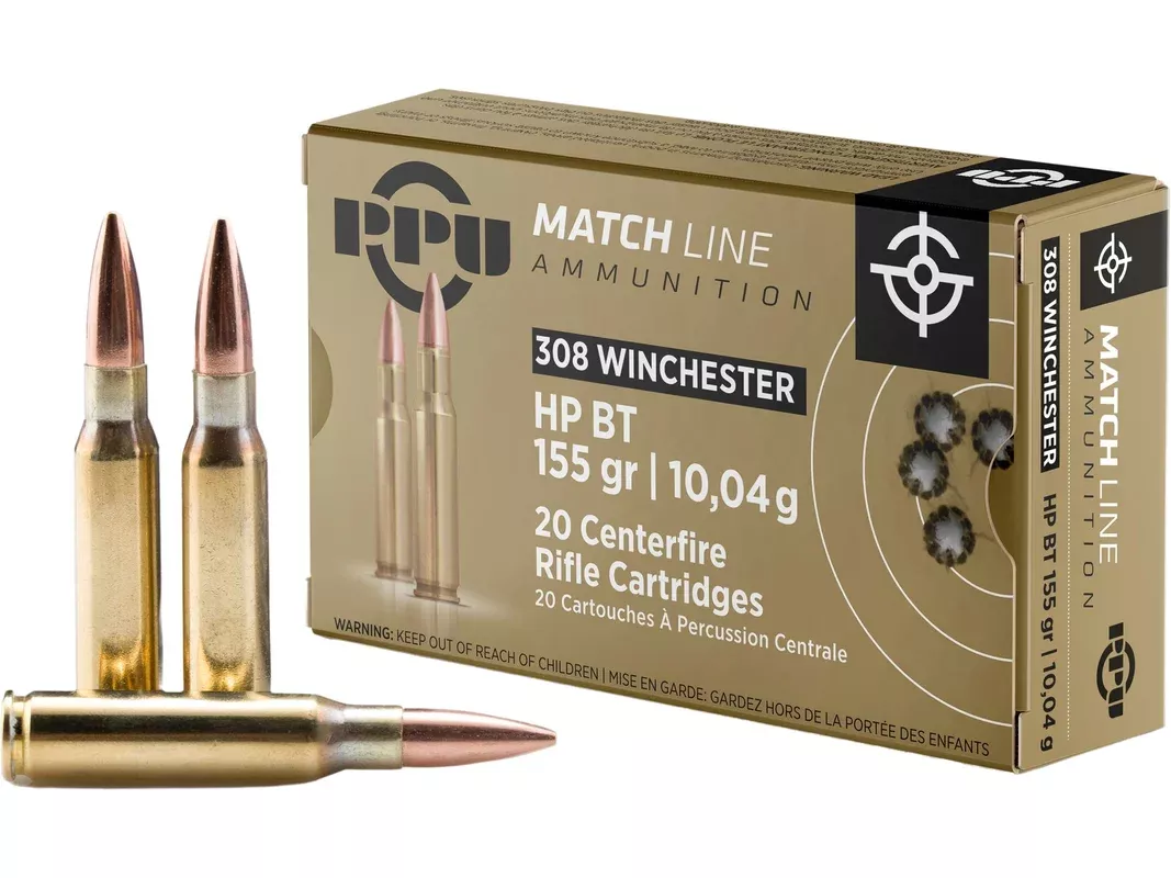 PPU Match 308 Winchester Ammo 155 Grain Hollow Point Boat Tail Box of 20