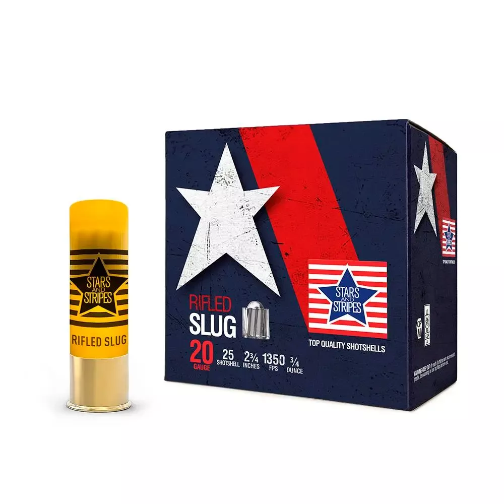 PPU Stars & Stripes Rifled Slug Shotshells 20ga 2-3/4” 3/4 oz 1350 fps Slug 25/ct