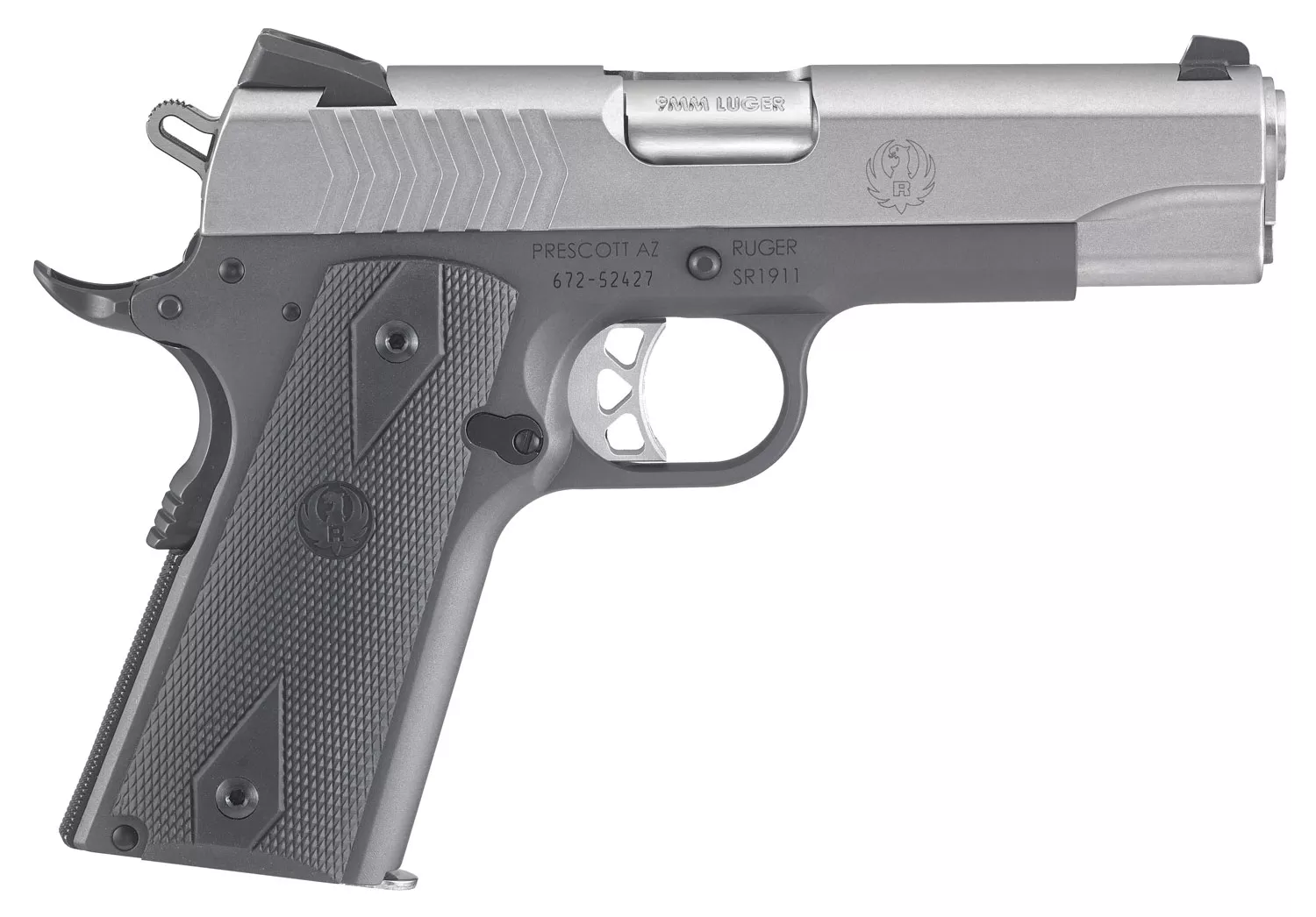 Ruger 6722 SR1911 Commander-Style 9mm Luger 9+1 4.25" Stainless Steel Barrel, Low-Glare Stainless Serrated Steel Slide, Tungsten Gray Cerakote Aluminum Frame w/Beavertail, Black Rubber Grip