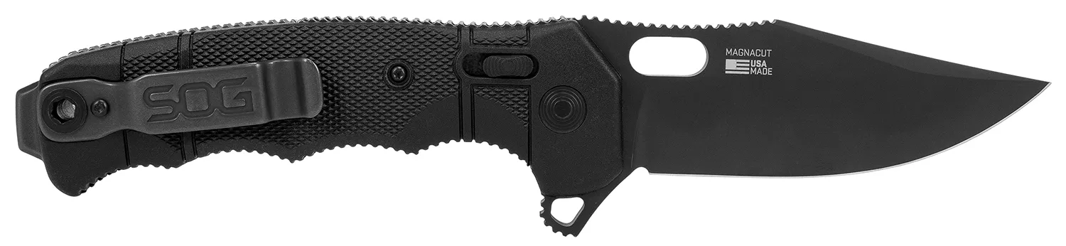 S.O.G SOG12211357 Seal XR 3.90″ Folding Clip Point Plain Black MagnaCut Blade, Black Textured GRN/Titanium Handle
