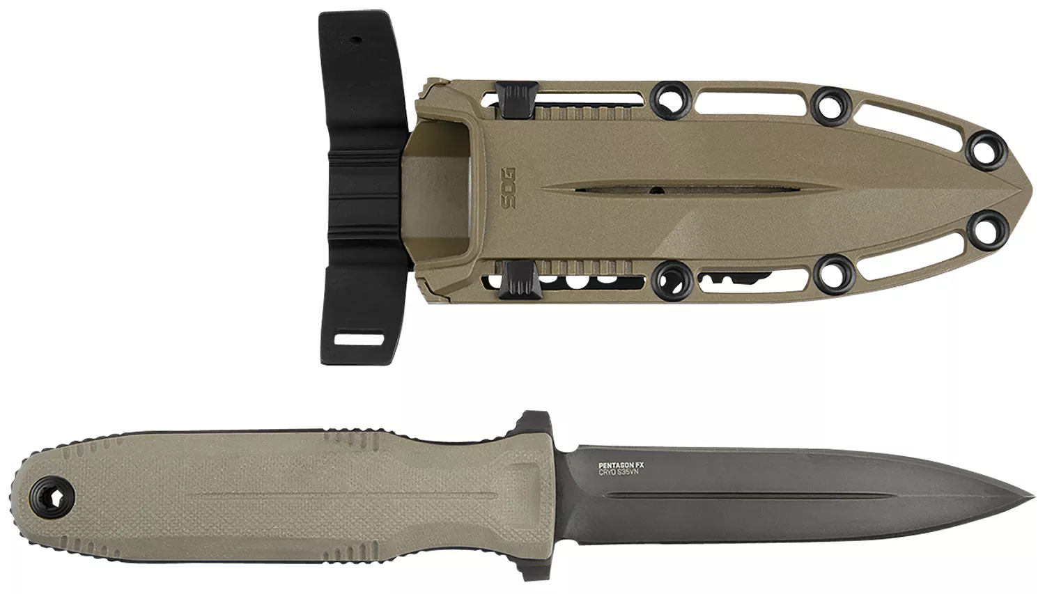 S.O.G SOG17610257 Pentagon FX 4.77" Fixed Spear Point Plain Black Titanium Nitride Cryo CPM S35VN Blade/G10 FLat Dark Earth Handle