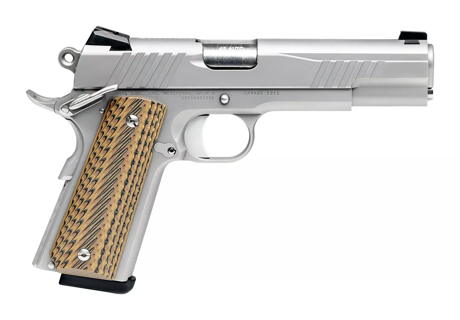 Savage Arms 67202 1911 Government 45 ACP 8+1 5″ Stainless Steel Target Crown Barrel, Stainless Steel Serrated Slide, Matte Stainless Steel Frame W/Beavertail, Ambidextrous