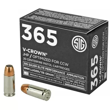 Sig Sauer 365 V-Crown Ammunition | 9mm | 115 Gr | Elite Performance Jacketed Hollow Point | 20 Rounds | SGE9MMA1-365