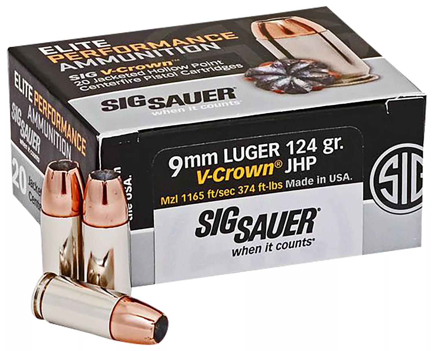 Sig Sauer E9MMA220 Elite Performance9mmLuger 124gr V-Crown Jacketed Hollow Point 20 Per Box/10 Case