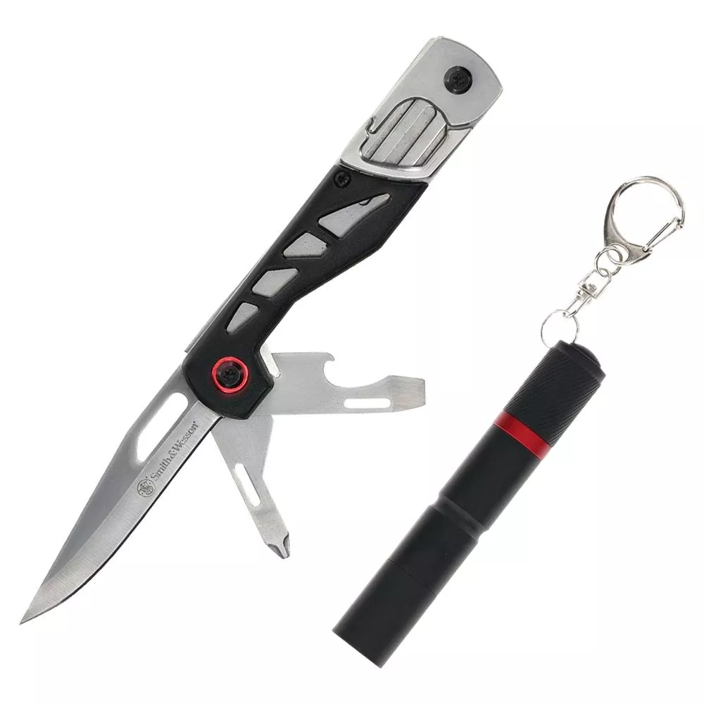 Smith & Wesson Multitool Folding Knife 3" Drop Point Blade Black with Light