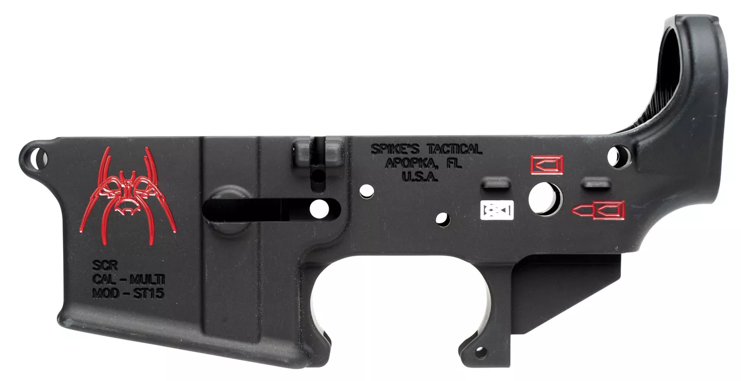 Spikes STLS019CFA Spider Stripped Lower Receiver Multi-Caliber 7075-T6 Aluminum Black Anodized with Color Fill for AR-15