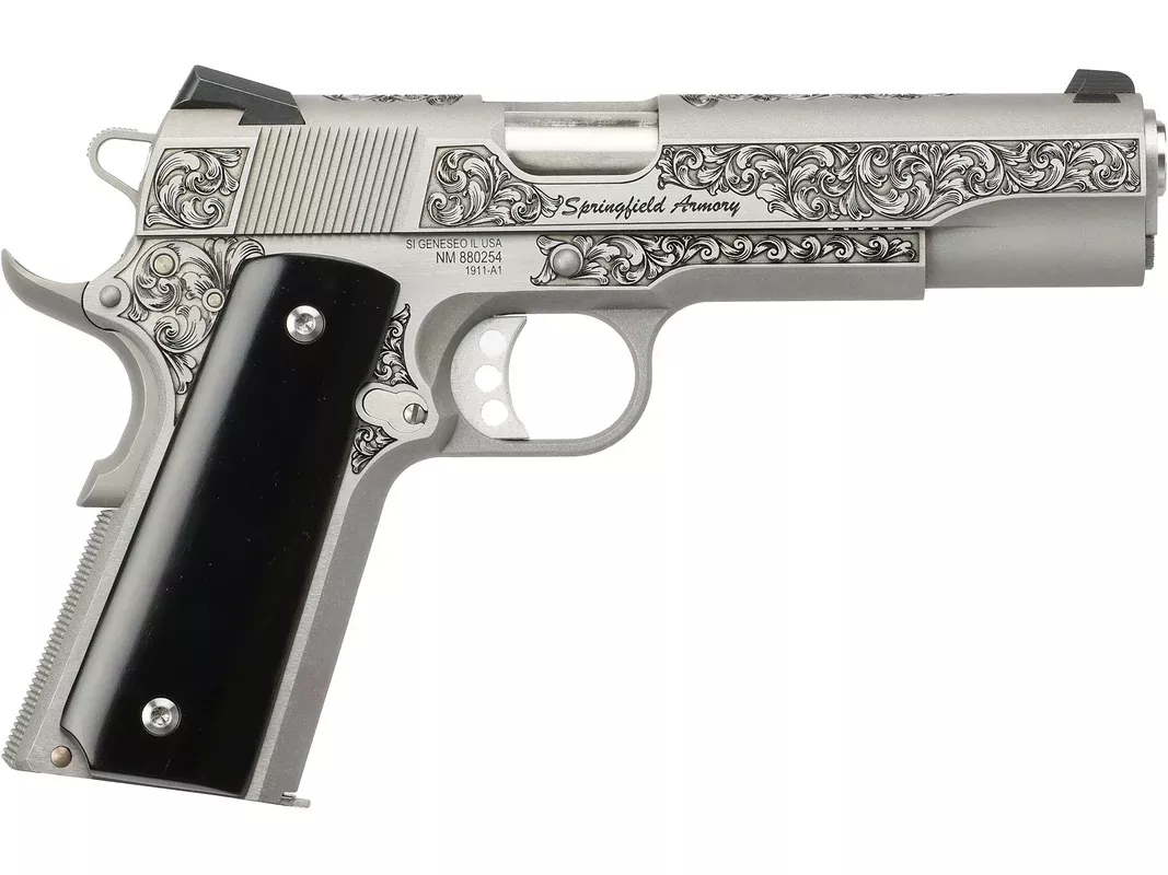 Springfield Armory 1911 Tyler Gun Works Garrison Premier Grade 45 ACP Pistol 5″ Barrel 7+1 Round Engraved Stainless Slide Ebony Black Grip Stainless Frame