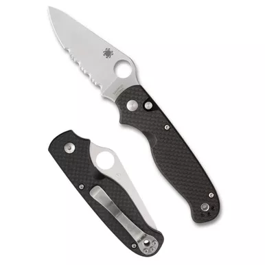 Spyderco ButtonUp Carbon Fiber, Folding Knife, 3.27" Clip Point Blade, 7.5" Overall Length, 8Cr13MoV Blade Steel, Combination Edge, Satin Finish, Silver Blade, Black Carbon Fiber Handle, Button Lock C275CFPS
