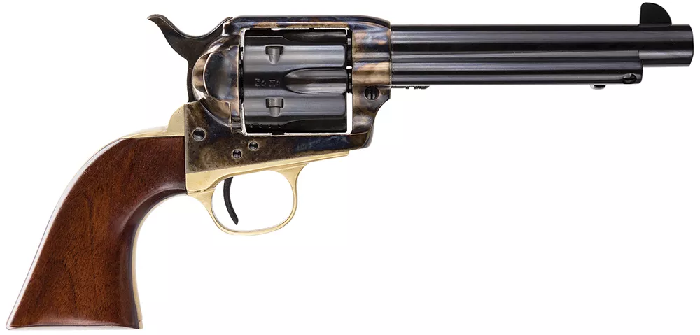 Taylors & Company 550847 Ranch Hand Uberti 45 Colt (Long Colt) 6 Shot 5.50″ Blued Round Barrel, Cylinder, Color Case Hardened Steel Frame, Walnut Navy Style Grip, Exposed Hammer