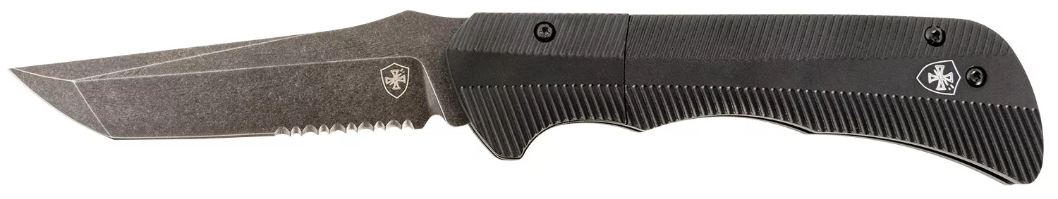 Templar Knife AAABK521 Auto Assist3.50" Folding Tanto Part Serrated Black Oxide Stonewashed Powder Coated D2 Steel Blade/ 4.25" Aged Aluminum Handle