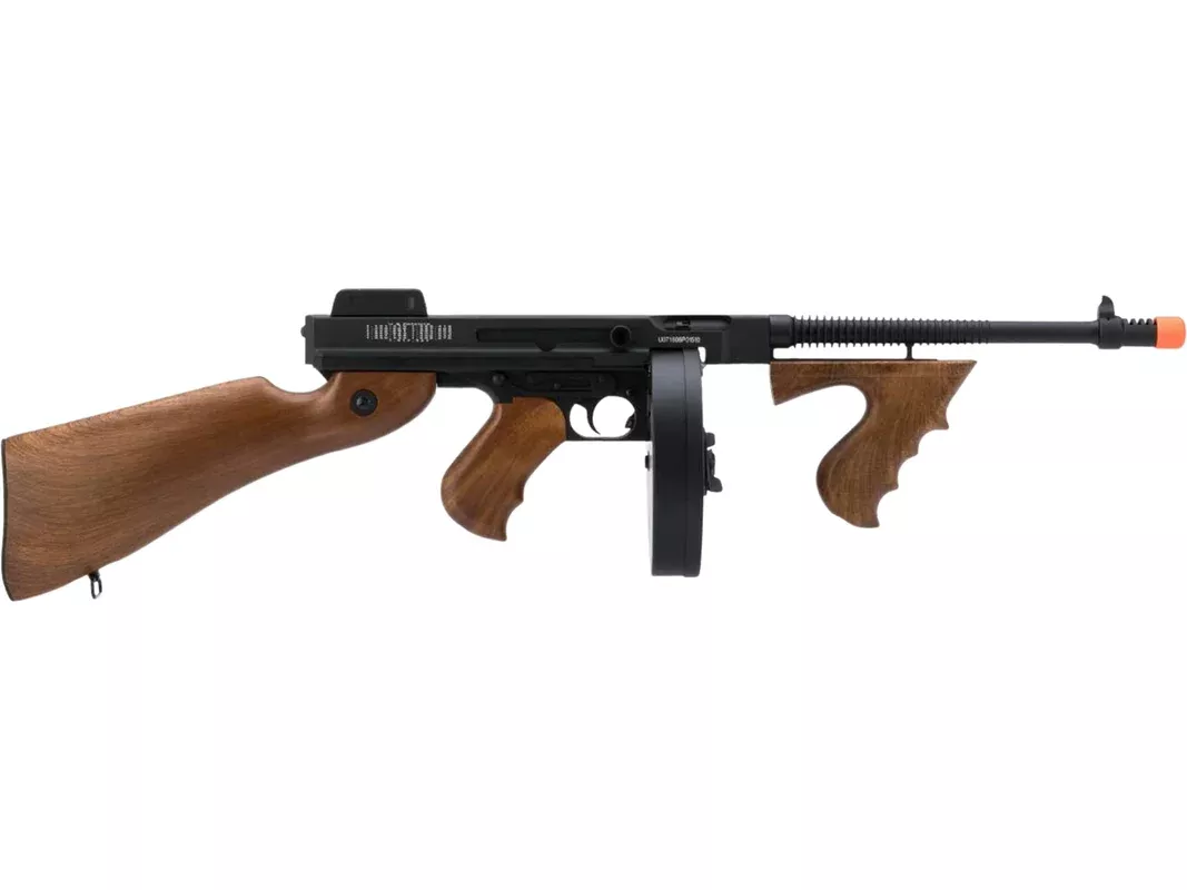 Thompson 1928 Chicago Typewriter AEG Battery Powered Airsoft Rifle 6mm BB Full-Auto/Semi-Auto Black Wood
